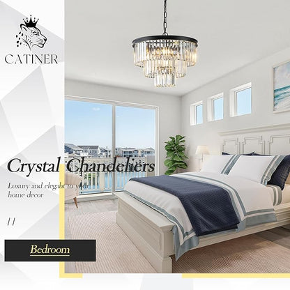 CATINER Black Crystal Chandeliers, 20” Modern Chandeliers for Dining Room 3 Tiers 7 Lights Luxury K9 Crystal Ceiling Pendant Round Light Fixture for Foyer Kitchen Bedroom Closet