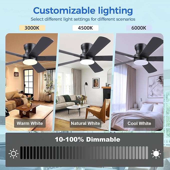 Ayaoty 52" Black Ceiling Fans with Lights and Remote - Flush Mount Fan Light with 5 Reversible Blades, 3CCT Dimmable, DC, Low Profile Ceiling Fan for Modern Indoor, Covered Outdoor