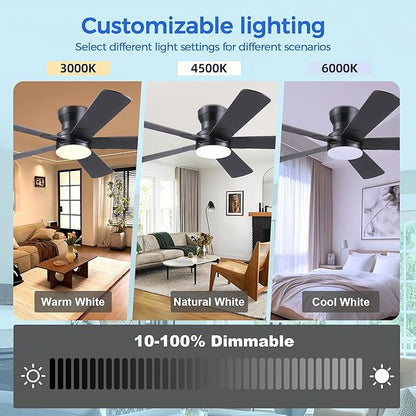 Ayaoty 52" Black Ceiling Fans with Lights and Remote - Flush Mount Fan Light with 5 Reversible Blades, 3CCT Dimmable, DC, Low Profile Ceiling Fan for Modern Indoor, Covered Outdoor
