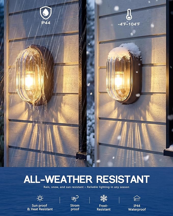 FEMILA 11" Oval Bulkhead Exterior Wall Sconce, 2 Pack ORB Wall Light & Ceiling Flush Mount, Aluminum, Ripple Glass, Front Porch Light for Patio/Garage/Entry, 4FYX104FL-2 ORB SW