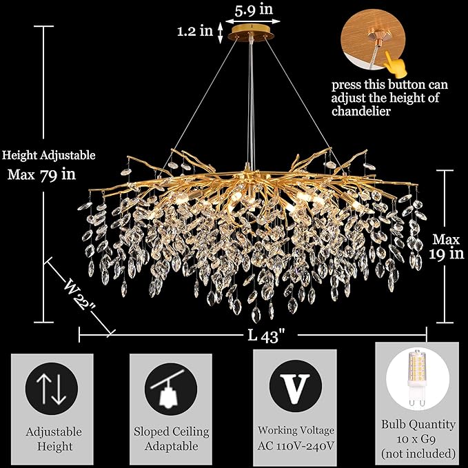 Modern Crystal Tree Branch Chandelier Gold L40'', Large Art Deco Linear Rectangle Raindrop Indoor Hanging Lighting Fixture for Dining Room Kitchen Island Living Room 12 Lights