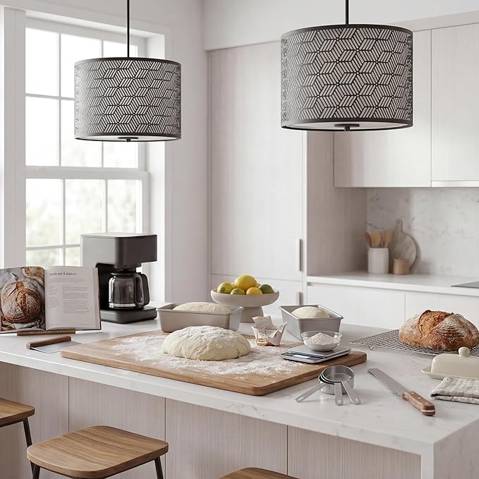 Inlight 14" Wide 3-Light Modern Kitchen Island Drum Pendant Light with Black Metal Frame and White Fabric Shade, Bulb Not Included, IN-0337-3-BK