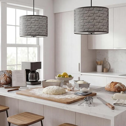 Inlight 14" Wide 3-Light Modern Kitchen Island Drum Pendant Light with Black Metal Frame and White Fabric Shade, Bulb Not Included, IN-0337-3-BK