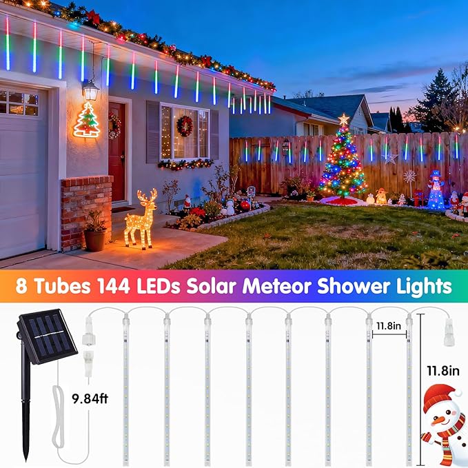 JMEXSUSS Solar Meteor Shower Rain Lights, 8 Tube 144 LEDs Multicolor Solar Christmas Lights, Led Falling Rain Christmas Light for Xmas Tree Wedding Holiday Party Patio Decoration