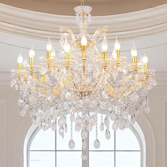 Modern Large Gold Chandelier Light Fixtures, 18 Lights 2 Layers Luxury Maria Theresa Crystal Chandeliers for Dining Room, High Ceiling, Living Room, Foyer, Staircase, Lobby