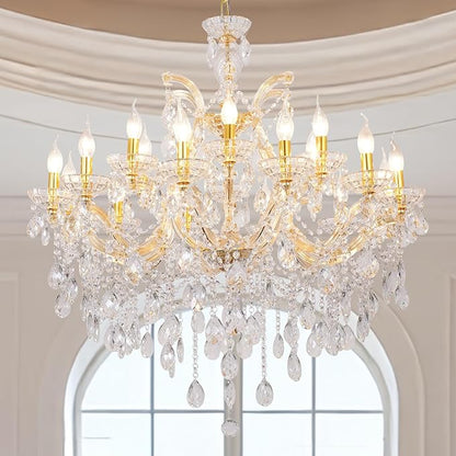 Modern Large Gold Chandelier Light Fixtures, 18 Lights 2 Layers Luxury Maria Theresa Crystal Chandeliers for Dining Room, High Ceiling, Living Room, Foyer, Staircase, Lobby