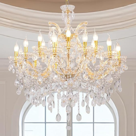 Modern Large Gold Chandelier Light Fixtures, 18 Lights 2 Layers Luxury Maria Theresa Crystal Chandeliers for Dining Room, High Ceiling, Living Room, Foyer, Staircase, Lobby