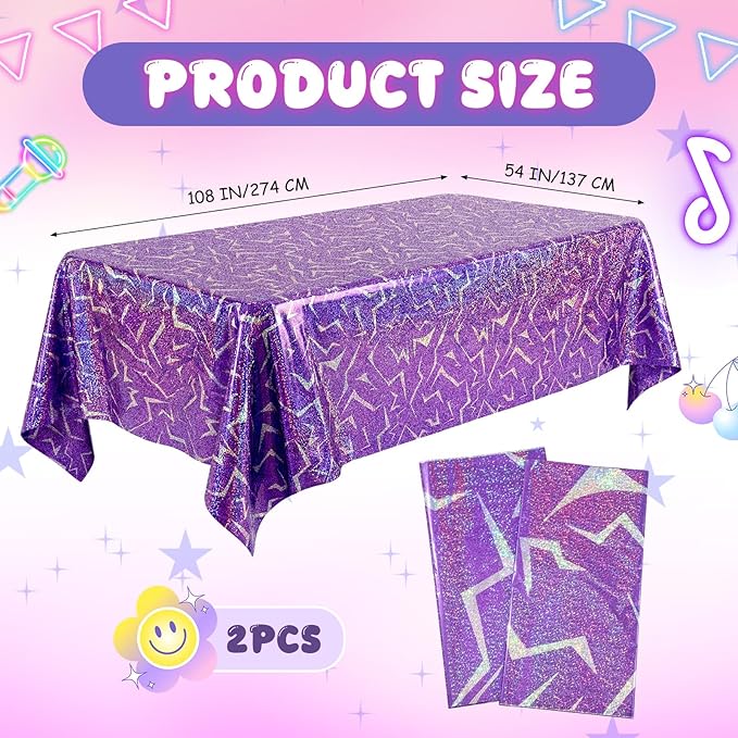 Oudain 2 Pcs Kpop Theme Purple Silvery Lightning Crack Print Holographic Party Tablecloth 54 x 108 Inch Disposable Rectangle Table Cover for Anime Korean Kpop Theme Birthday Decoration