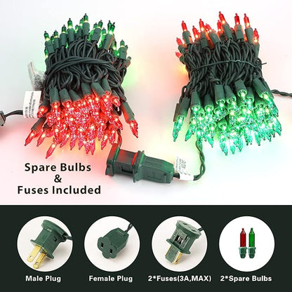 ODEETRONIC Red & Green Christmas String Lights, 21.63ft 100 Count Incandescent String Lights Connectable, UL Certified Christmas Mini Lights, Green Wire Tree Lights for Indoor Outdoor Party Yard Decor