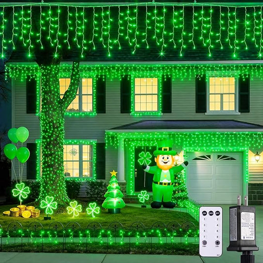 JMEXSUSS 400 LED 38.8F Green Icicle Lights for St Patrick's Day, Green Christmas Lights Indoor Outdoor, String Icicle Light for St Patrick House Fireplace Party Yard Decoration