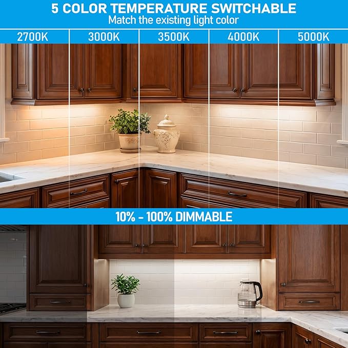 TORCHSTAR LED Under Cabinet Lighting 5CCT, 12 Inch 8W 600LM, Hardwired & Plug-in, 5 Color Selectable CRI90 120V ETL T24 Dimmable Under Counter Lights for Kitchen, Bronze Aluminum Housing, 2 Pack