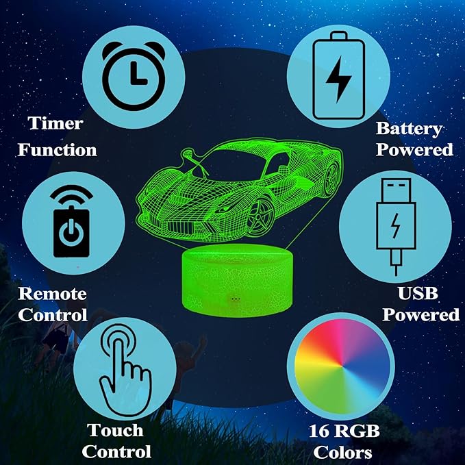 Car Gifts for Men, Racing Vehicle Night Light with Remote Control, 16 Colors Changing, Timer, RGB Flashing Mode and Dimmable, Cool Gifts for Boys Christmas Decor