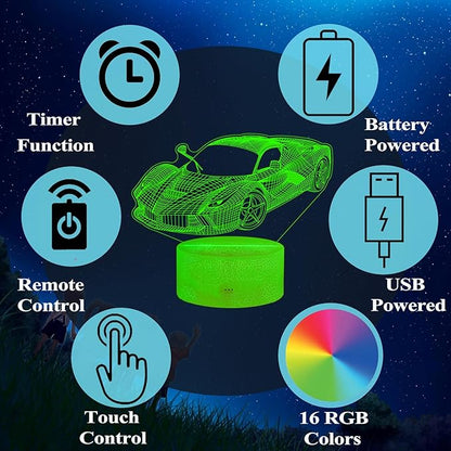 Car Gifts for Men, Racing Vehicle Night Light with Remote Control, 16 Colors Changing, Timer, RGB Flashing Mode and Dimmable, Cool Gifts for Boys Christmas Decor