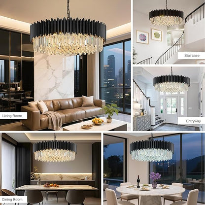 Black Crystal Chandelier 30'' K9 Crystal Round Pendant Lights Adjustable 6-Tier Large Modern Crystal Chandelier Light 12-Lights for Dining Room Living Room Kitchen Foyer Entryway