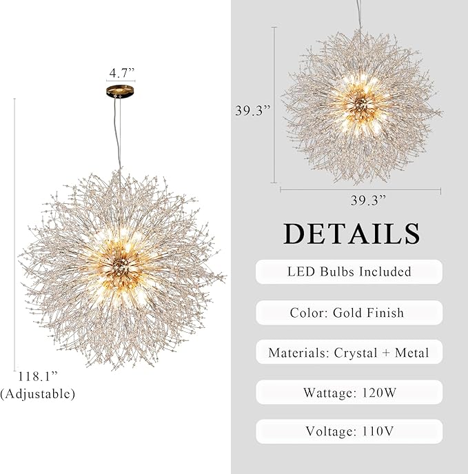 24-Light Farmhouse Crystal Chandeliers, Large Gold Beaded Lamp, Modern Firework Pendant Lighting, Sputnik Dandelion Hanging Lights for Living Room Bedroom Dining Room (Gold, D39.3inch)