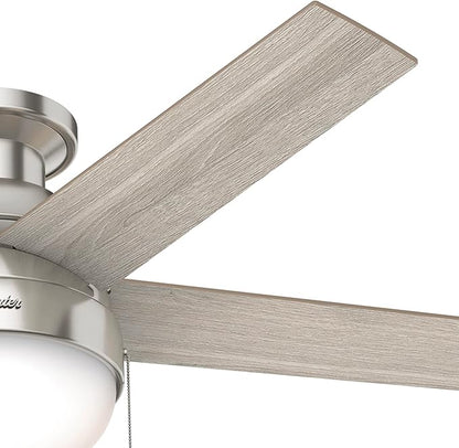 Hunter 46 inch Indoor Ceiling Fan with LED Light - Ceiling Fan with Pull Chain, for Bedroom, Living Room, or Kitchen, Low Profile Mount, No Remote, 5 Blades - Anslee 50278, Brushed Nickel