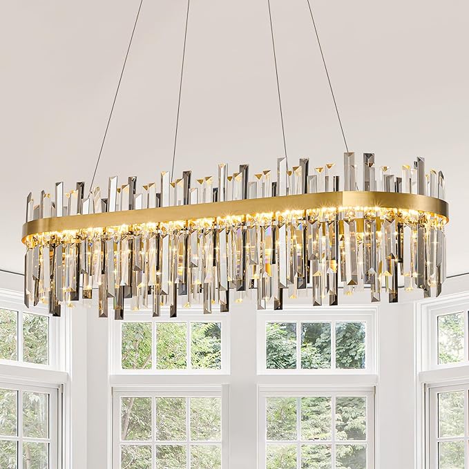 Gold Led Modern Crystal Chandelier: 39.3" Rectangle Linear 3 Color Dimmable Chandeliers for Dining Room Over Table-Luxury Rectangular Contemporary Oval Light Fixture for Living Room Bedroom Foyer