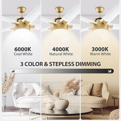 YITAHOME Ceiling Fan with Light and Wall Switch Remote, 52 Inch Modern Gold White Fan, Quiet Reversible Motor, Dimmable LED Color, Memory Function for Bedroom Living Room Patio Indoor