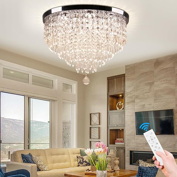 Modern 19.7" Crystal LED Ceiling Light with Remote Control, Flush Mount Chandelier, Dimmable & 3 CCT, 5-Tier K9 Crystal, Chrome Finish for Living Room Bedroom Dining Room