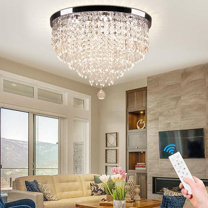 Modern 19.7" Crystal LED Ceiling Light with Remote Control, Flush Mount Chandelier, Dimmable & 3 CCT, 5-Tier K9 Crystal, Chrome Finish for Living Room Bedroom Dining Room