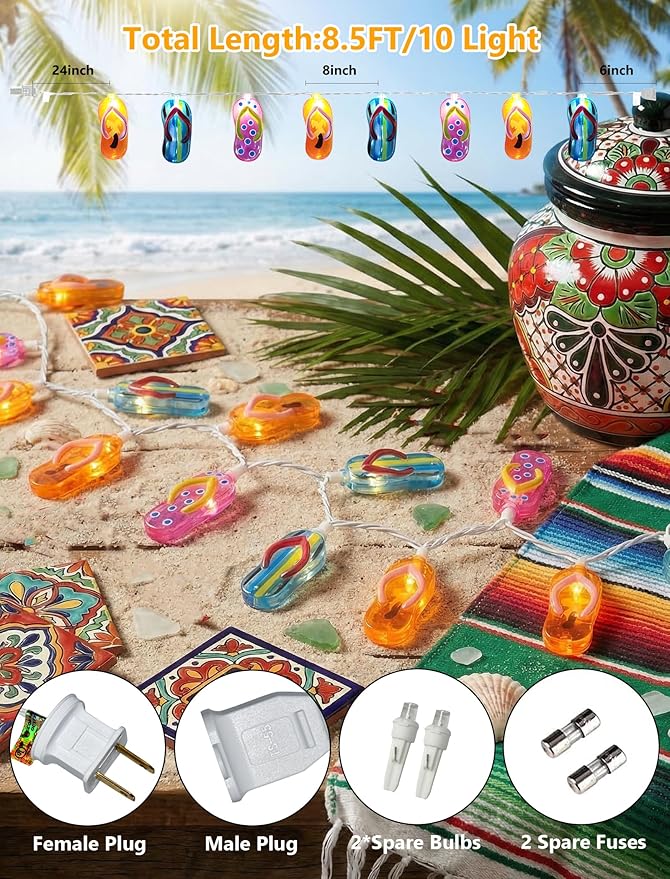 LED Tropical Beach Flip Flop String Lights, 8.5Ft Slipper String Lights Plug in with 10 Multicolor Bulbs, Summer Hawaiian Themed Decorative Lights Camping Tent Holiday Party Garden Outdoor Decor