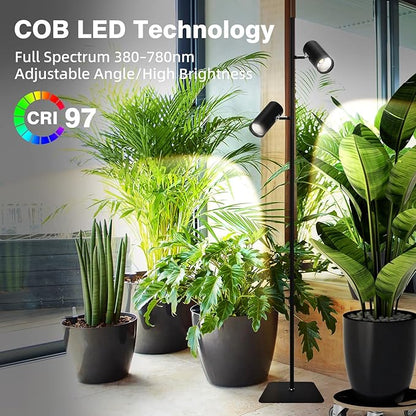 60W Dimmable Grow Light, Full Spectrum COB LED Dual-Head Floor Plant Lamp with High PPFD&CRI, 6/8/12H Timer, Adjustable Height (37"-77") & Angle – Standing Grow Lights for Indoor Plants
