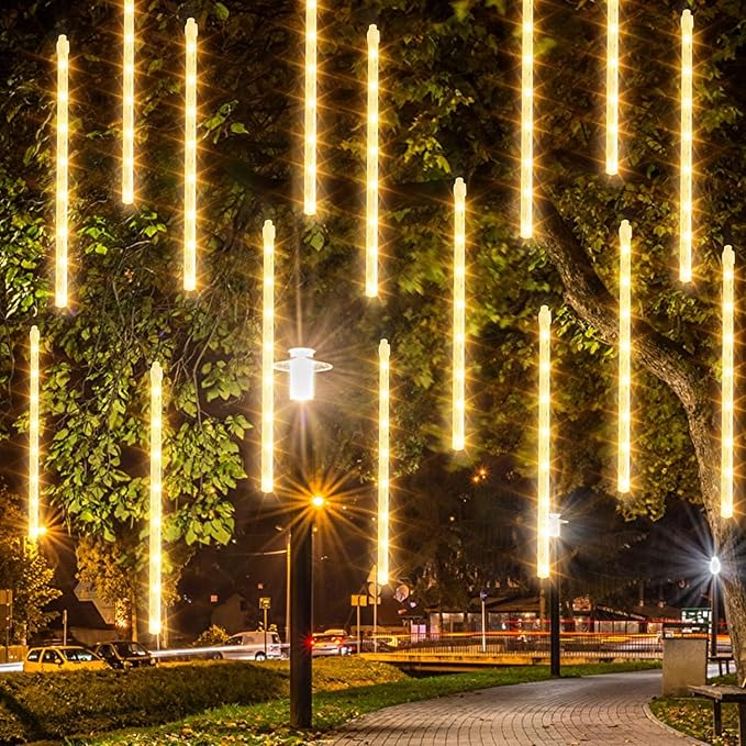 Dazzle Bright 1728 LED Christmas Light, Meteor Shower Rain Lights 11.8 Inch 48 Tubes, Waterproof Plug in Falling Rain Lights Decorations for Xmas Tree Yard Party (Warm White)