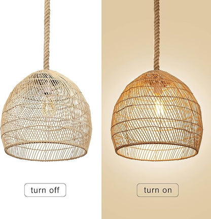 1 Light Rattan Chandelier Woven Pendant Light Fixture, Boho Coastal Wicker Hanging Ceiling Lighting for Kitchen, 15.74"W Large Lampshade for Living Room Bars Restaurants