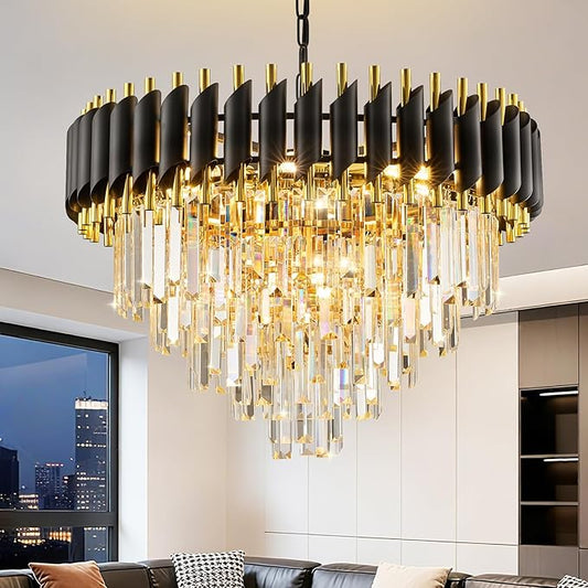 24" Modern Black and Gold Crystal Chandelier for Dining Room,5-Tier 10 Lights K9 Crystal Large Pendant Light Chandeliers Luxury Round Ceiling Light Fixture for Living Room Entryway Foyer