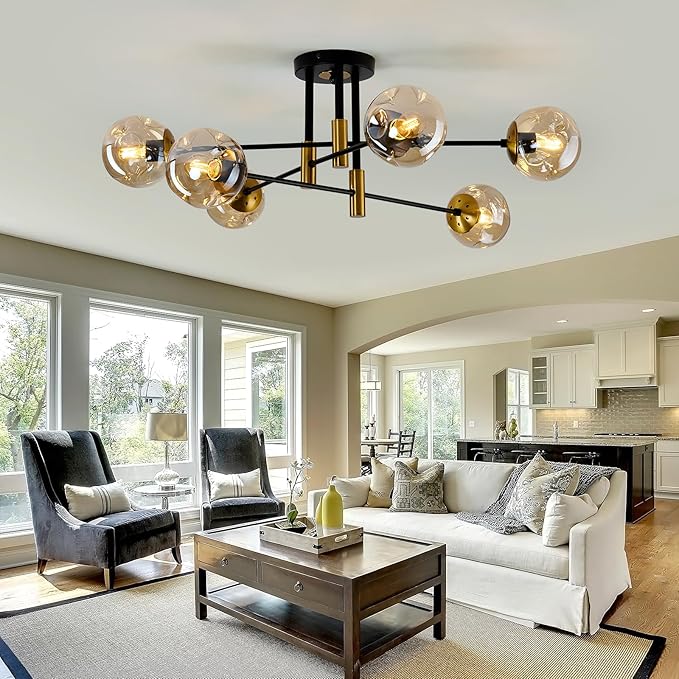 6-Lights Sputnik Ceiling Light Fixture Mid Century Modern Glass Globe Flush Mount Chandelier Black and Gold Farmhouse Lighting for Living Room Dining Room Bedroom Kitchen