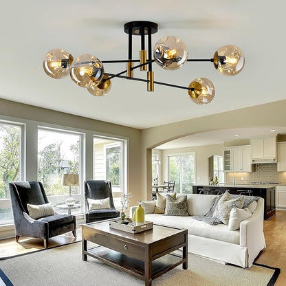 6-Lights Sputnik Ceiling Light Fixture Mid Century Modern Glass Globe Flush Mount Chandelier Black and Gold Farmhouse Lighting for Living Room Dining Room Bedroom Kitchen
