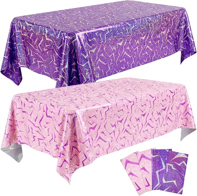Oudain 4 Pcs Kpop Theme Purple & Pink Lightning Crack Print Holographic Party Tablecloth 54 x 108 Inch Disposable Rectangle Table Cover for Anime Korean Kpop Theme Birthday Decoration