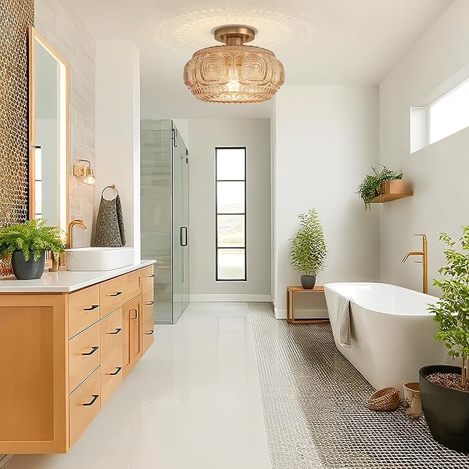 Semi Flush Mount Ceiling Light, Upgraded Larger Amber Glass Ceiling Light Fixture, Vintage Lighting for Hallway Kitchen Bedroom Dining Room, Bulb Not Included