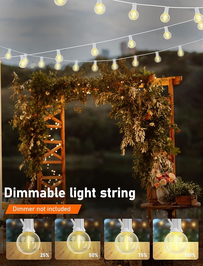 50Ft Outdoor String Lights G40 Globe Patio Lights Waterproof with 27 LED Shatterproof Globe Bulbs(2 Spare), Dimmable for Backyard Party Porch Wedding Bedroom Decor, White Wire