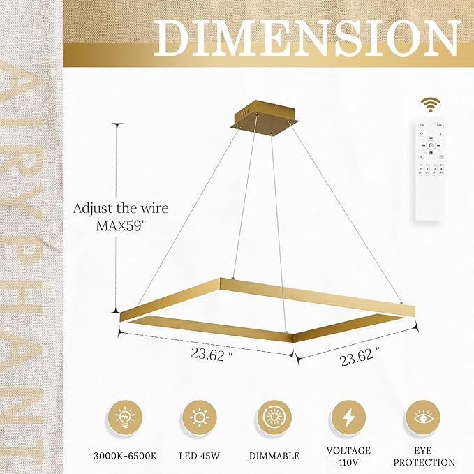 Modern LED Pendant Light, Gold LED Chandelier 24" Rectangle Chandelier for Dining Room Dimmable Modern Chandelier Flush Mount Pendant Light for Living Room Kitchen Office, 3000-6500K