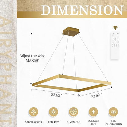 Modern LED Pendant Light, Gold LED Chandelier 24" Rectangle Chandelier for Dining Room Dimmable Modern Chandelier Flush Mount Pendant Light for Living Room Kitchen Office, 3000-6500K