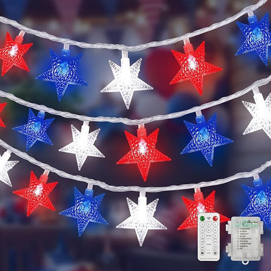 LAMPHOME Red White Blue Star LED String Lights, 16ft 50 LED Star Fairy Lights with Clear Wire, 3AA Waterproof 8 Modes & Remote, Decorative Lights for 4th of July Patriotic Christmas Easter Tree Party