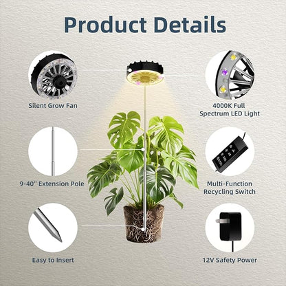 Height Adjustable Grow Light for Indoor Potted Plants, Full Spectrum Plant Light with Fan, Metal Pole Stake Growing Lamp, CRI 90+, 2/4/8/12H Timer, Ideal for Tall Plants & Succulents 2 Packs