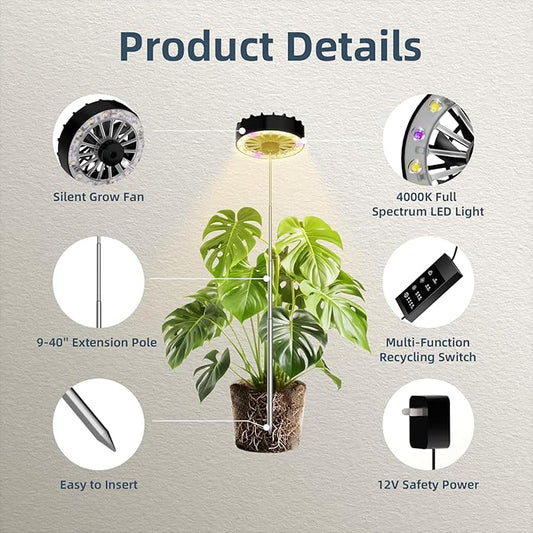 Height Adjustable Grow Light for Indoor Potted Plants, Full Spectrum Plant Light with Fan, Metal Pole Stake Growing Lamp, CRI 90+, 2/4/8/12H Timer, Ideal for Tall Plants & Succulents 2 Packs