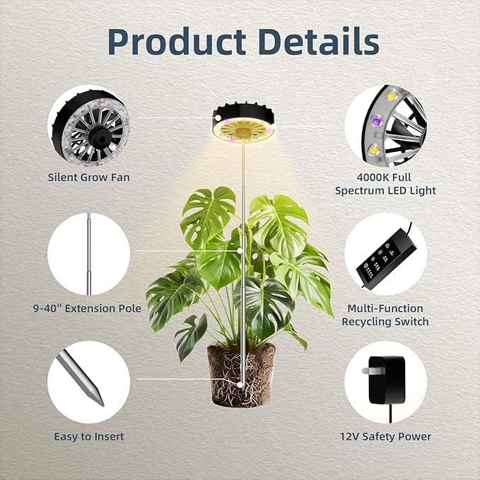 Height Adjustable Grow Light for Indoor Potted Plants, Full Spectrum Plant Light with Fan, Metal Pole Stake Growing Lamp, CRI 90+, 2/4/8/12H Timer, Ideal for Tall Plants & Succulents 1 Pack