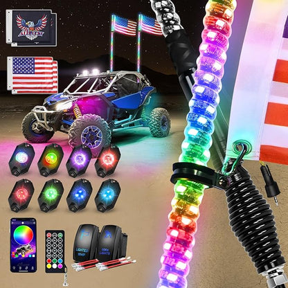 Nilight 2PCS 4FT RGB LED Whip Light with Spring Base and 8 PCS Rock Lights Combo, Remote App Control w/DIY Chasing Patterns Turn Signal Brake Reverse Antenna Lighted Whips for ATV UTV Polaris RZR Jeep