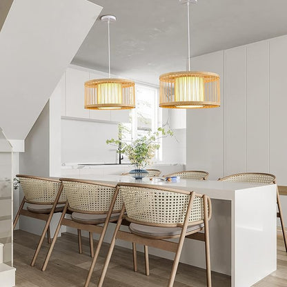 Boho Rattan Pendant Lights, 15.8" Coastal Drum Wicker Hanging Light Japanese Country Light for Dining Room Kitchen Living Room Bedroom, 1-Light E26 Base