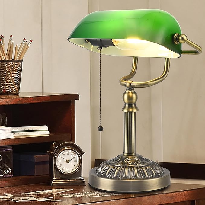 Bankers Desk Lamp with USB-A Charging Port, Vintage Green Glass Desk Lamp with Pull Chain, Antique Brass Banker's Desk Lamp for Home Office Library