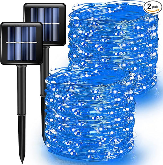 TW SHINE Blue Solar String Lights Outdoor, Total 80 FT 240 LED Solar Powered Waterproof Fairy Lights 8 Modes Copper Wire Lights for Christmas Party Tree Wedding Yard Decorations, 2 Pack