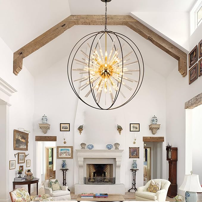 Vezzio D42 Extra Large Black and Gold Chandeliers for High Ceiling 24-Light Big Modern Globe Crystal Chandeliers for Entryway Foyer Stairway Kitchen Dining Living Room