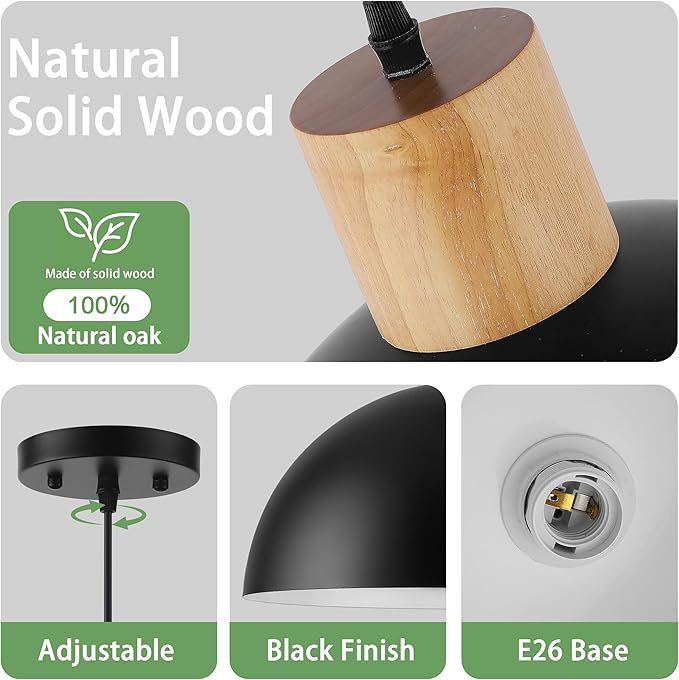 Black Solid Wood Pendant Light, 16in Modern Matte Black Pendant Lights Fixtures Adjustable Farmhouse Hanging Lighting,for Kitchen Island Dining Room Barn Office