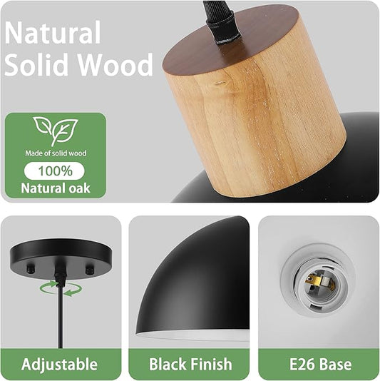 Black Solid Wood Pendant Light, 16in Modern Matte Black Pendant Lights Fixtures Adjustable Farmhouse Hanging Lighting,for Kitchen Island Dining Room Barn Office