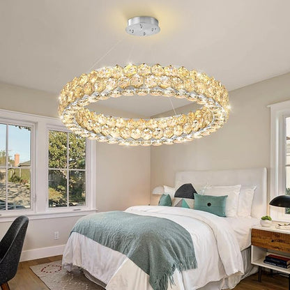 Modern Ring Chandelier, Crystal Chandeliers for Dining Room Round LED Ceiling Light Fixture for Living Room Bedroom Lighting Dimmable with Remote Ring Lights, 24inch Width Light