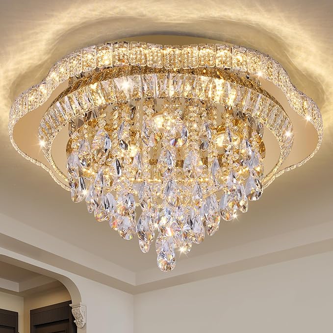 24" Gold Crystal LED Ceiling Light with Remote Control,Flush Mount Chandelier with 3-Color Dimmable for Living Room Bedroom Dining Room Hallway - Modern Flower Design