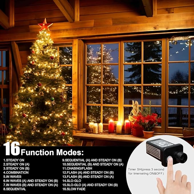 LAMPHOME 66ft Christmas Decorative Mini Lights,200 LED Green Wire Fairy Starry String Lights Plug in, 16Lighting Modes, for Indoor Outdoor Xmas Tree Wedding Party Decoration (Warm White)